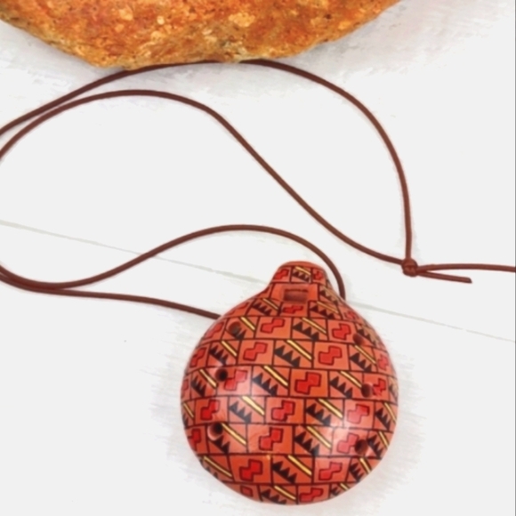 Peruvian Ocarina Clay Crafted Tribal Flute Brown Cord Necklace - Picture 10 of 10